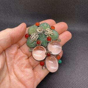 Vintage 10K Jade White Gold Cabochon Floral Gemstone Filigree Pendant Large Bold